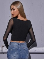 Sweetheart Neck Mesh Sleeve Crop Top