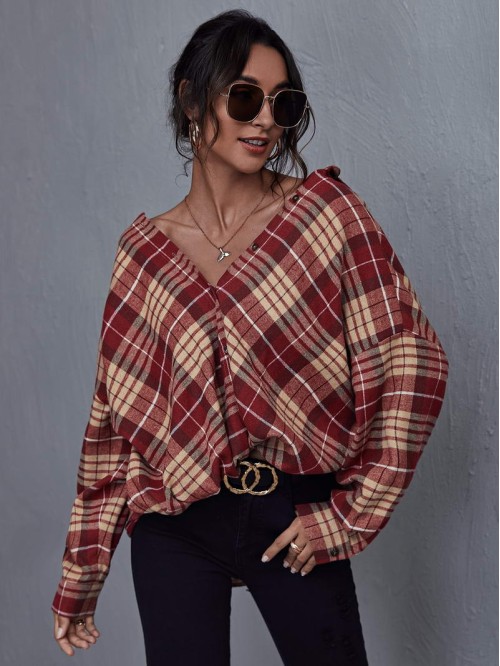 Drop Shoulder Plaid Oversize Blouse