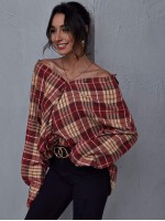 Drop Shoulder Plaid Oversize Blouse