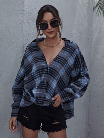 Batwing Sleeve Plaid Oversize Blouse