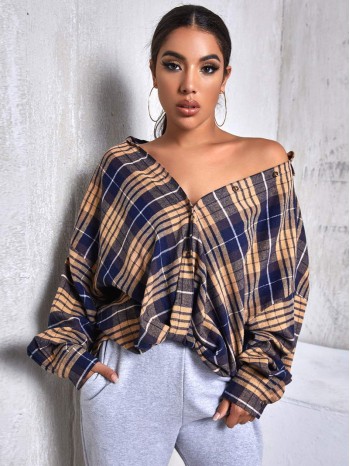 Batwing Sleeve Plaid Oversize Blouse