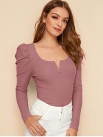 Notch Neck Gigot Sleeve Rib-knit Tee