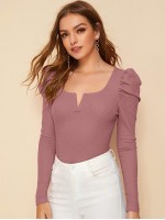 Notch Neck Gigot Sleeve Rib-knit Tee