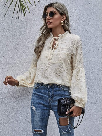 Tie Neck Frill Distressed Blouse