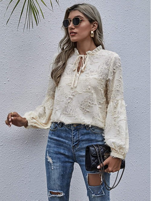 Tie Neck Frill Distressed Blouse