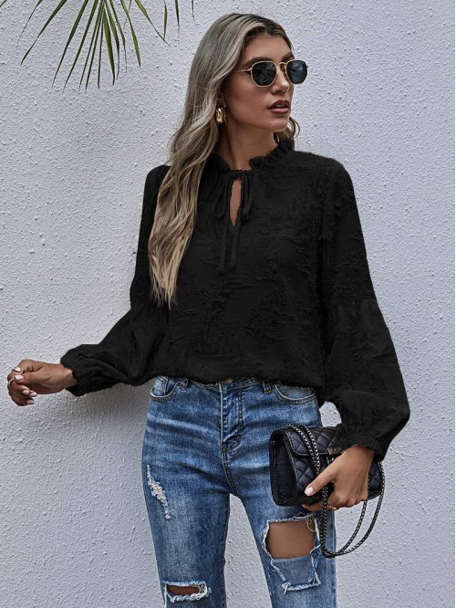 Tie Neck Frill Distressed Blouse