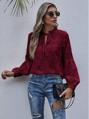 Tie Neck Frill Distressed Blouse