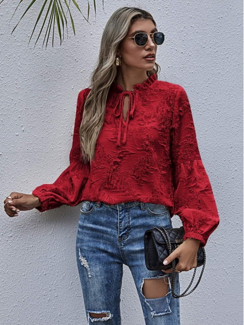 Tie Neck Frill Distressed Blouse