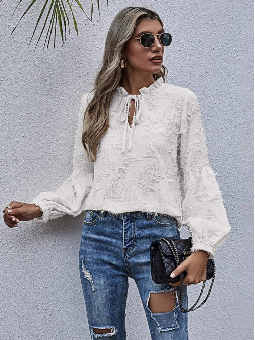 Tie Neck Frill Distressed Blouse