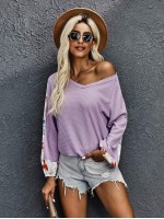 V-Neck Floral Panel Waffle Knit Tee