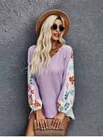 V-Neck Floral Panel Waffle Knit Tee