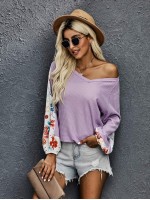 V-Neck Floral Panel Waffle Knit Tee