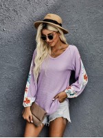 V-Neck Floral Panel Waffle Knit Tee