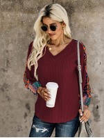 V-neck Patchwork Panel Waffle Knit Tee