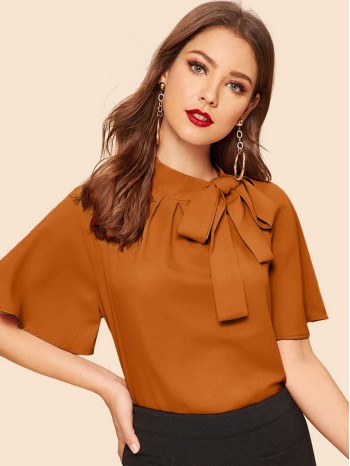 Flutter Sleeve Tie Front Stand Neck Blouse