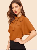 Flutter Sleeve Tie Front Stand Neck Blouse