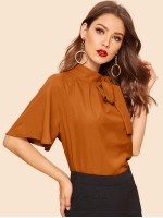 Flutter Sleeve Tie Front Stand Neck Blouse