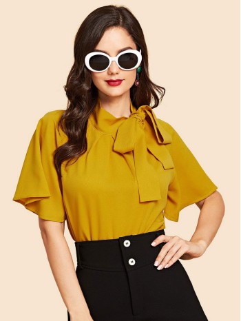 Flutter Sleeve Tie Neck Blouse