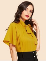 Flutter Sleeve Tie Neck Blouse