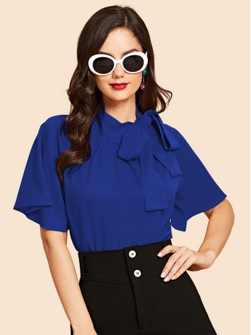 Flutter Sleeve Tie Neck Blouse