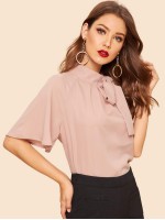 Tie Neck Raglan Sleeve Solid Top