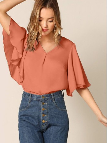 V-cut Butterfly Sleeve Blouse