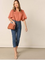 V-cut Butterfly Sleeve Blouse