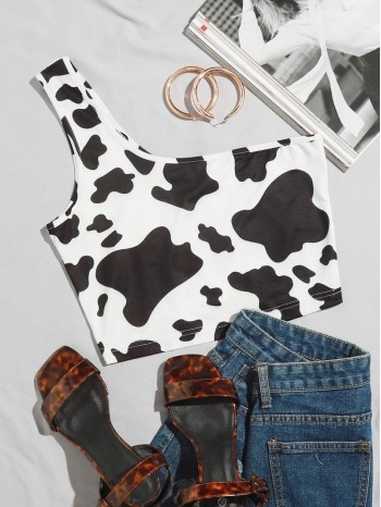 One Shoulder Cow Print Crop Top