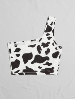 One Shoulder Cow Print Crop Top