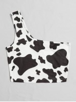 One Shoulder Cow Print Crop Top