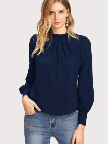 Solid Ruched Keyhole Back Blouse