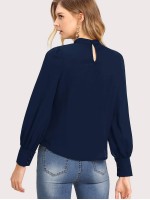 Solid Ruched Keyhole Back Blouse