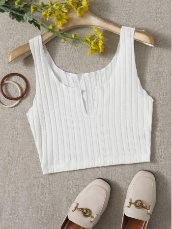 Notched Neck Rib-knit Tank Top