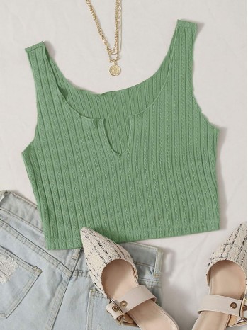 Notched Neck Rib-knit Tank Top