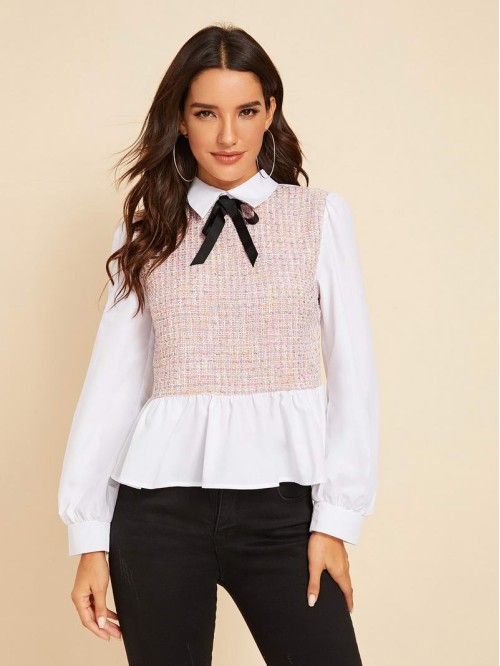 Tie Neck Tweed Insert Peplum Blouse