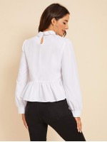 Tie Neck Tweed Insert Peplum Blouse