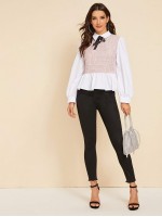 Tie Neck Tweed Insert Peplum Blouse