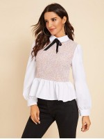 Tie Neck Tweed Insert Peplum Blouse