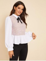 Tie Neck Tweed Insert Peplum Blouse