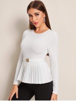 Buckle Belted Front Pleated Hem Top