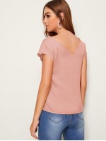 Solid Scalloped V-Neck Short Sleeve Top