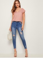 Solid Scalloped V-Neck Short Sleeve Top