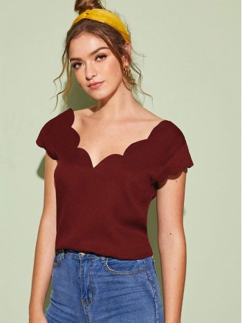 Double V-Neck Scallop Trim Top