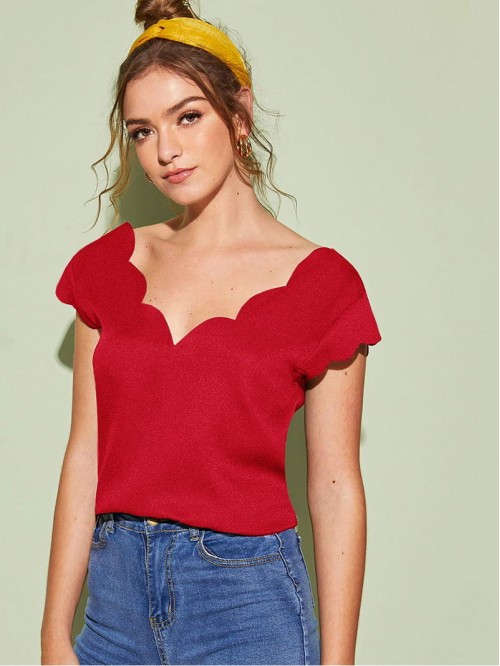 Solid V-neck Scallop Top