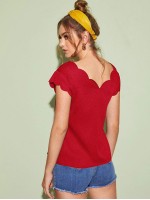 Solid V-neck Scallop Top