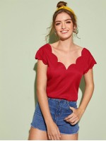 Solid V-neck Scallop Top