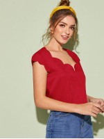 Solid V-neck Scallop Top