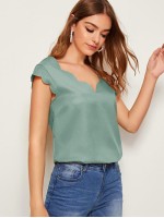 Solid V-neck Scallop Top