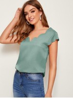 Solid V-neck Scallop Top