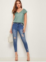 Solid V-neck Scallop Top